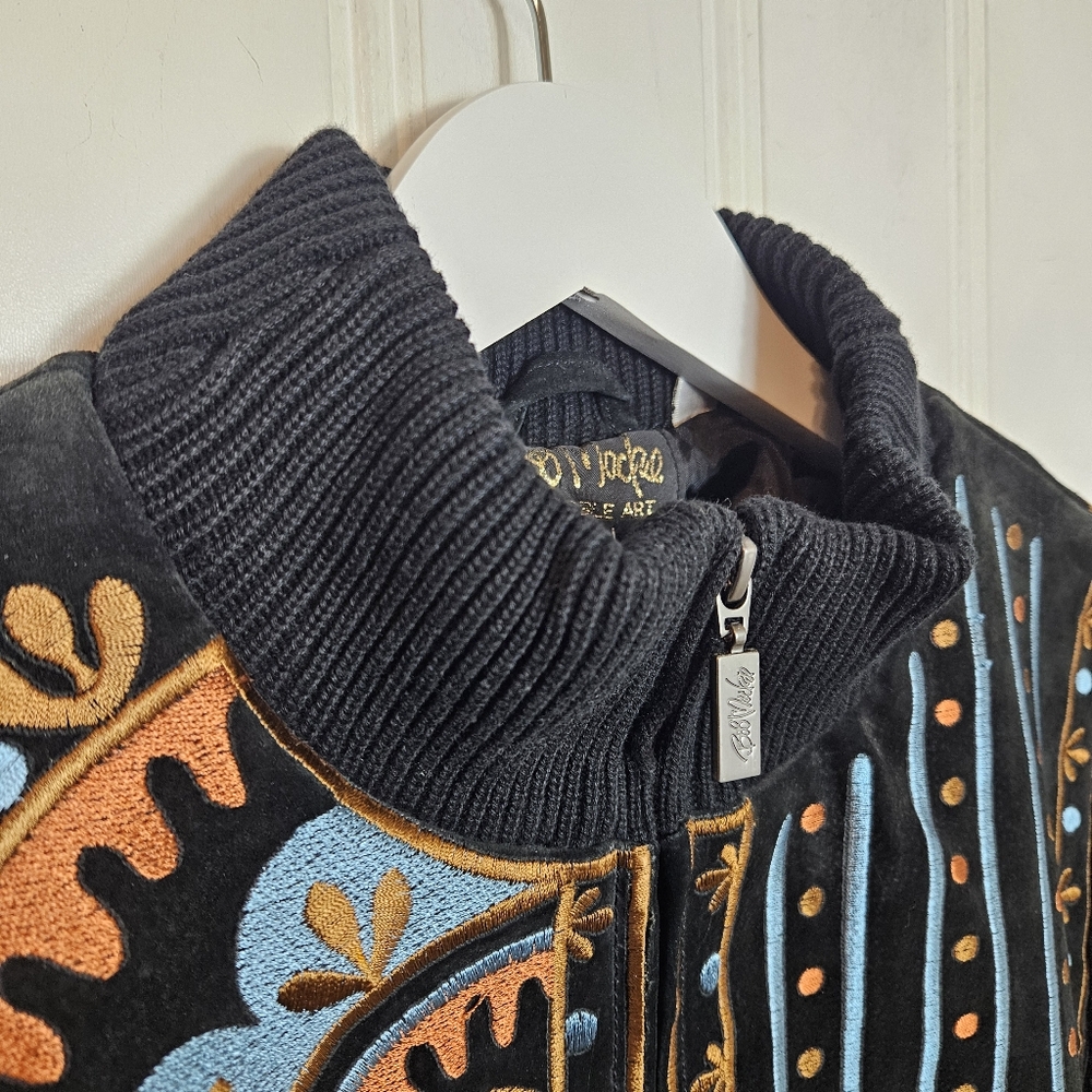 Bob Mackie Wearable Art Embroidered Black Suede Leather Full-Zip Jacket Womens M - Picture 6 of 16